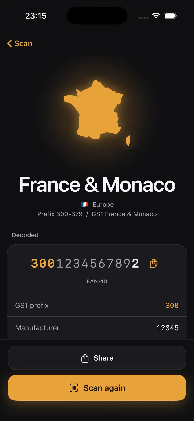 Barcode Country result screen